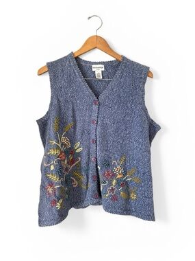 Breckenridge Embroidered Floral Sweater Vest Cottagecore Button Front 1X